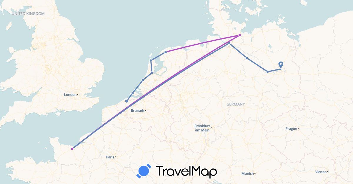 TravelMap itinerary: cycling, train in Germany, Netherlands (Europe)